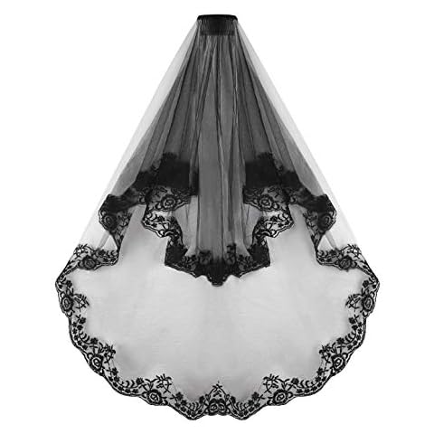 MioCloth Black Lace Veil Wedding Cathedral Wedding Bride Halloween Gothic Costume Veil (Black) Cover