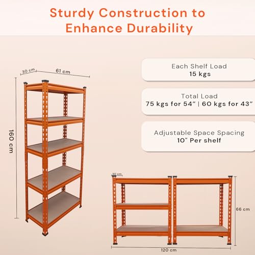 Image of BonKaso Adjustable Set of 5-Shelf Metal Storage Shelving Unit, Steel Bootless Rivet Utility Display Rack Garage Shelves, 54 Inches Height(54 X 24 X 12 Inc) Orange