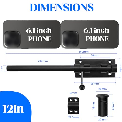 Image of Barrel Bolt Latch, 12 inch Heavy Duty Gate Latch Slide Lock Solid 304 Stainless Steel Bolt Lock for Inside Door, Black Finished Shed Door Latch(1 Pack)