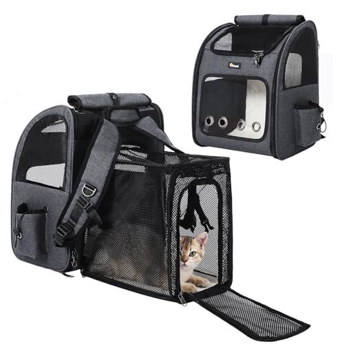 Hoopet Expandable Cat Backpack Carrier – Breathable Pet Carrier for Small Cats & Dogs, Foldable Travel Backpack with Mesh Ventilation for Hiking, Walking, Camping, Dark Grey