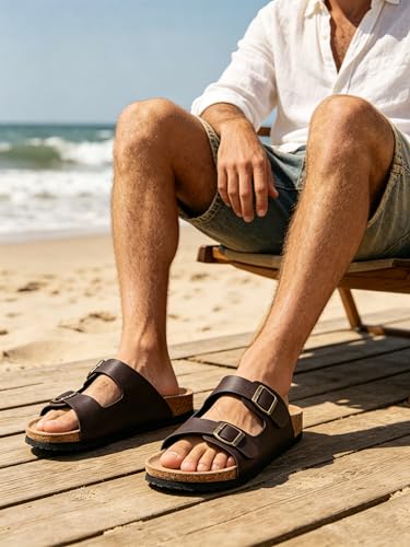 Image of WTW Men's Slides Sandals Cork Footbed Shoes Adjustable Strap Summer Beach Comfort Sandals for Men
