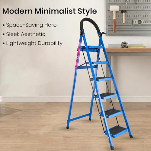Image of Casa Copenhagen Blue 6 Step Ladder for Home Use with Built-in Tool Tray | Heavy Duty D Shape Rods | Ultra Large Platform | Wide Rubber Feet | 150Kg Capacity Foldable Ladder - 7 Years Warranty