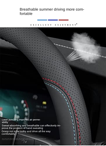 For Tesla Steering Wheel Cover, Premium Leather Car Steering Wheel Cover Non-Slip,15 Inch Breathable Accessoriesmodel 3 /Y Steering Wheel Cover Four Seasons Cover (Red Blue Line Punching) #TOP2