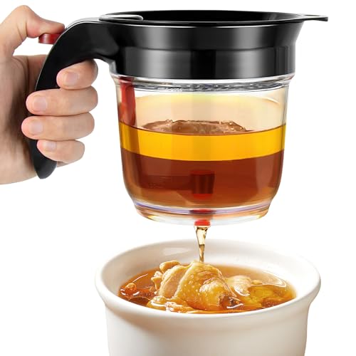 Fat Separator with Bottom Release and Oil Strainer Gravy Separator 4 Cups or 1000ml Fat Strainer Measuring Cup Plastic Soup Oil Separator Fat Skimmer for Gravy Sauces and Other Liquids Black