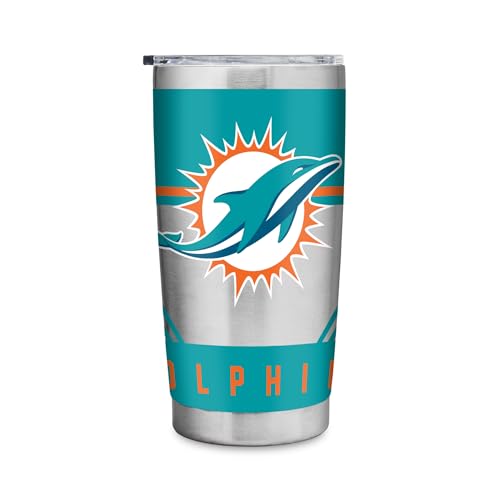 Rico Industries NFL Football Miami Dolphins 20oz Stainless Steel Tumbler with Lid - Great For Coffee, Tea, Water or Cocktails