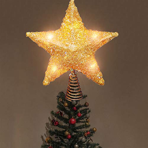 Lawoho Christmas Tree Topper Star Ornaments Glittering Gold Glitter Metal Festival Gift Display Lighted Clear Decor Star Of Bethlehem - 10 Inches Fit For General Size Christmas Tree #TOP5