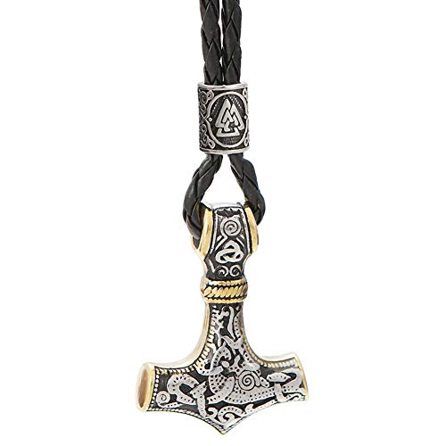 DFWY Pendentif Marteau Viking Thor avec Collier en Cuir de Perles Valknut Rune,Hommes Acier Inoxydable Odin Mjolnir Celtic Knot Amulet, Vintage Charm Nordic Spirit Jewelery (Color : Gold) Cover