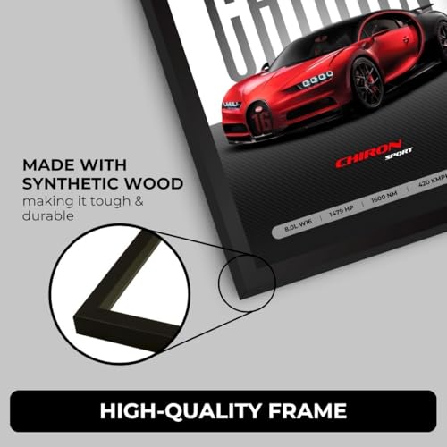 Image of Bugatti Chiron Poster | Framed Bugatti A4 Sized (31 x 23 cm) | Chiron Car Poster for Wall, Gift for Boys, Hypercar Frames | Dream Car Posters for Wall, Bedroom, Hostel, Study Area, Hostel (F 036)