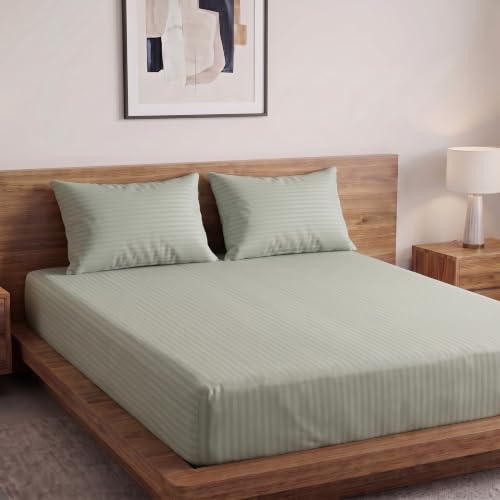 Image of Home Sizzler Microfibre Light Green Satin Stripe Elasticated Fitted King Bedsheet (72x78 Inches) with 2 Pillow Covers