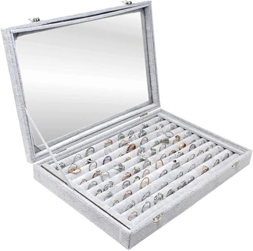 Image of BucketList Women's Velvet Glass Ring Earrings Jewelry Box - Display Storage Showcase Holder Organizer (100 Slot Ring Jewellery Box-Grey)