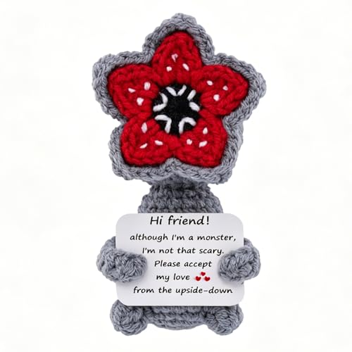 Stange Flower Monster Plush with Positive Message Card Cute Handmade Crochet Knitted Stuffed Toy Retro Horror Themed Collectible Gift for Pop Culture Fans