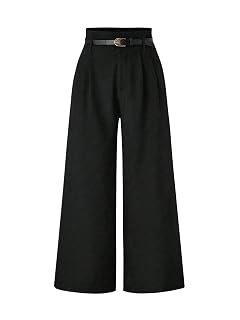 Womens High Straight Pants Pleated Wide Leg High Waist Loose Pants with Belt