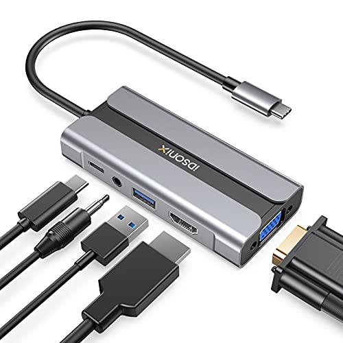 iDsonix USB C Hub, 5-in-1 USB Type C Adapter with 4K HDMI, VGA, 3.5mm Audio Jack, 60W PD, USB-A 5Gbps Data and 3A Charging Port USB C Dock for MacBook Pro, iPad Pro, Laptop, Phone, Type-C Devices