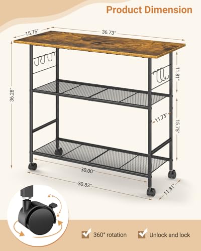 image for ThreeHio Kitchen Island with 3 Shelves, Rolling Kitchen Cart with 6 Ho