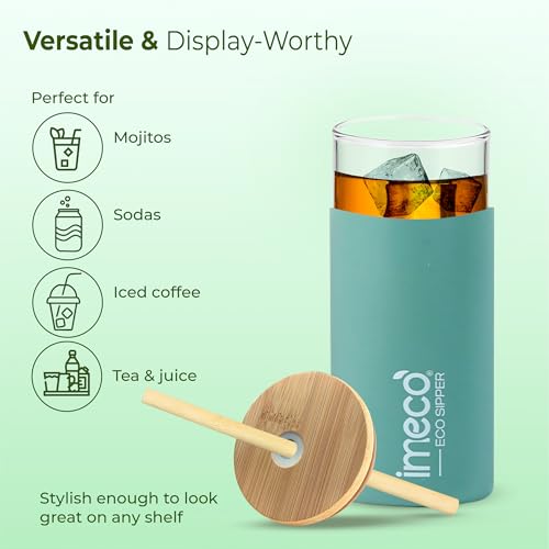 Image of IMECO ECO Sipper Glass Bottle with Bamboo Lid & Straw 450ml | Borosilicate Glass Tumbler | Leakproof & BPA-Free | Reusable, Non-Toxic & Lightweight | Ideal for Milk, Coffee & Tea - Green
