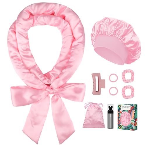 Gwabee Satin Heatless Curls Overnight Hair Curlers to Sleep In Hair Curler Rollers No Heat Hair Wrap for Curls Headband, 70" Satin Heatless Curling Rod Set for Women Long Waves Hair Volume -Pink 9PCS