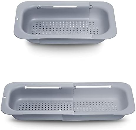 KanYool Over the Sink Strainer Colander Basket Collapsible Extendable Kitchen Food Fruits Vegetables Noodle Pasta Sink Drain Basket Retractable Plastic Adjustable Strainer Over Sink Washing Basket
