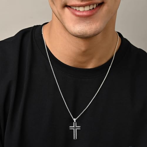 Jewelili Sterling Silver or Yellow Gold Plated Sterling Silver Cross Necklace for Men | 1/2 CTTW Treated Black Round Diamonds | 22" Box Chain | Luxury Jewelry Gift for Him | Gift Box Included3