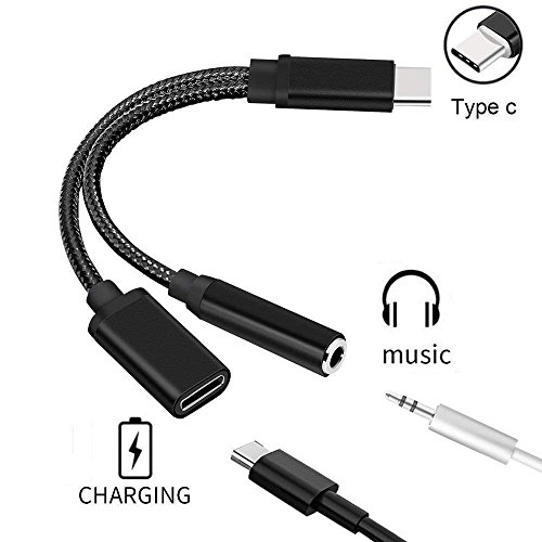 Headphone Adapter Converter Supports Audio and Charging for Motorola MotoZ, Letv ,2 in 1 USB-C to 3.5mm Audio Adapter, Nylon Braided 2 in 1 USB Type C Cable Fast Charge to 3.5mm Audio Jack(Black)