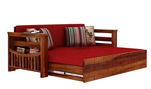 Image of Douceur Furnitures Sheesham Solid Wood Semi-Upholostered Sofa Cum Bed Set with Storage with Cushions for Home /Office & Living Room|Finish- Honey|3-Person Sofa