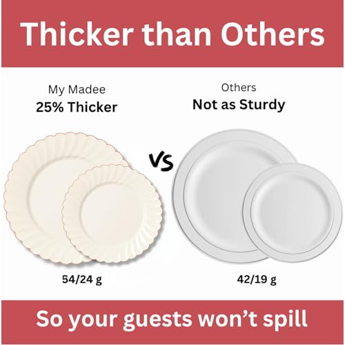 By Madee Heavyweight 60 Pcs Ivory Scalloped Plastic Plates With Gold Trim | 30 Dinner & 30 Dessert Plates | High End Disposable Plates | Nice Plastic Plates For Party thumb #2