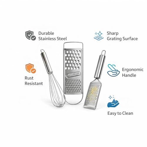 Image of Stainless Steel Kitchen Tool Set 3 Pieces with Flat Grater, Handheld Cheese & Vegetable Grater and Egg Whisk Beater, Durable Rust Resistant Cooking Tools for Kitchen, Easy to Clean, Strong Grip Handle