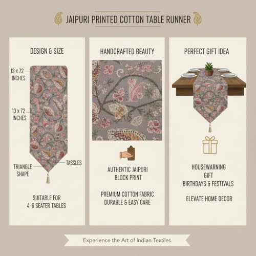 Image of COZY FURNISH Luxury Floral Printed Cotton Table Runner - 13x72 Inches Tassel Runner for Dining Table, Bed & Centre Table | Elegant Home Decor Accessories