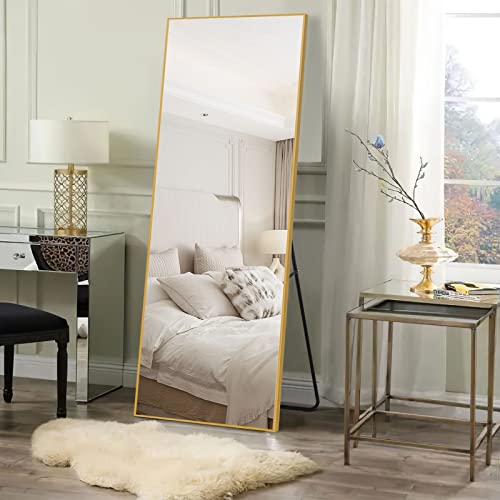 Neutype 64" X 21" Full Length Mirror, Aluminum Alloy Frame Floor Mirror With Stand, Large Bedroom Mirror, Free Standing Or Wall Mounted Or Leaning Against Wall, Gold #TOP2