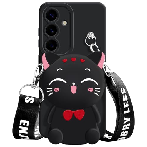 SGVAHY for Samsung Galaxy A17 5G Case, Cute Black Lucky Cat Coin Purse Fancy Phone Case for Women Girls with Crossbody Strap Kawaii Soft Silicone Cover for Galaxy A17 5G