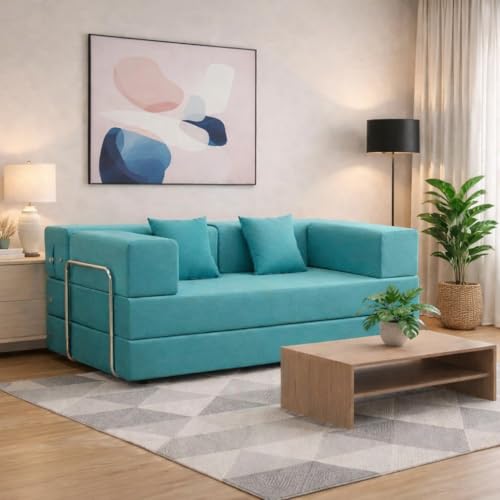 Image of Adorn India Easy Premium Modular 4 Seater Sofa Cum Bed | Velvet Suede Fabric | Colour Aqua Blue | Modern Design | Size 6x6 Fit | Comfortable for Seat & Sleep | Washable Cover | Perfect for Home