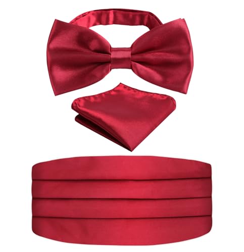 Image of Alizeal Mens Multicolored Silk Solid Cummerbund Bow Tie Set | with Cummerbund Pocket Square Pre-tied Adjustable for Mens Gift