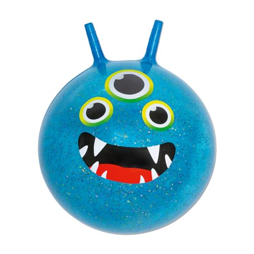 Moses. Monster Hüpfball – Glitzernder Springball mit Konfetti Füllung, für Kinder ab 4 Jahren, Ø 45 cm, mit Haltegriffen, bis 80 kg belastbar, In- und Outdoor-Spielzeug, Blau mit Glitzer