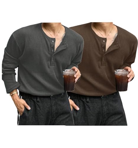Image of Trillion Men's Textured Fabric Solid Color Basic Half-Open Collar T-Shirt, Fall Long Sleeve Men Shirt | Tshirt for Men