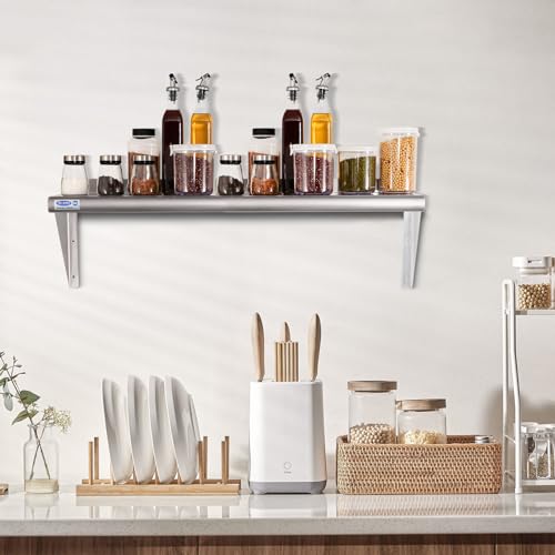 Image of HARDURA Stainless Steel Shelf 18 inch x 48 inch, 385lb Commercial Shelves Wall Mount Metal Shelving with Backsplash and Brackets for Kitchen, Restaurant, Laundry Room and Home