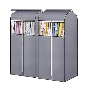 SLEEPING LAMB 54” Hanging Garment Bags for Closet Storage Sealed Completely Jackets Coats Suits Clothes Rack Cover for Wardrobe with Clear PVC Window, 2 Packs, Grey(Hanging Rod Not Included)