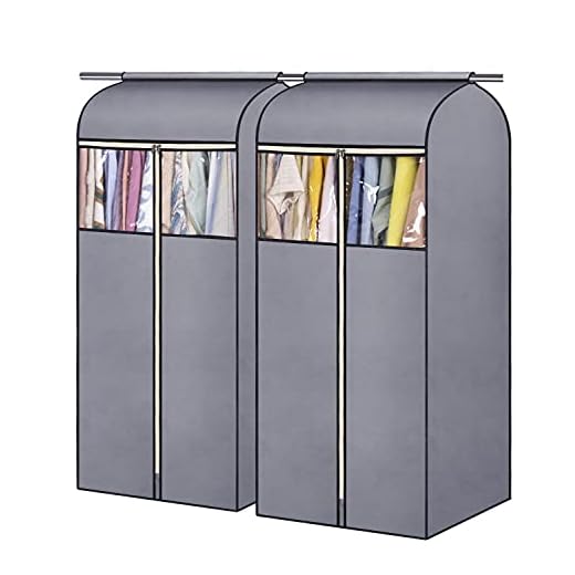 SLEEPING LAMB 54'' Hanging Garment Bags for Closet Storage Sealed Completely Jackets Coats Suits Clothes Rack Cover for Wardrobe with Clear PVC Window, 2 Packs, Grey(Hanging Rod Not Included)