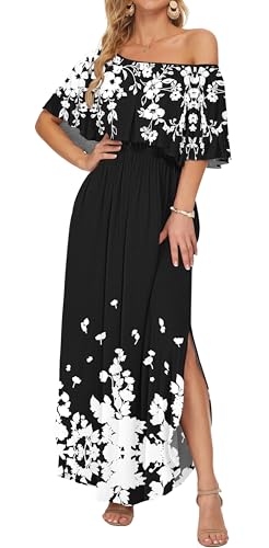 Image of AUSELILY Womens Off Shoulder Ruffle Split Summer Maxi Dresses with Pockets | Off-shoulder Ruffle dress with empire waist & side split for summer beach and casual parties