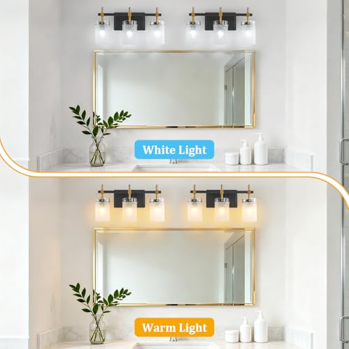 Image of 3-Light Modern Bathroom Vanity Light,Black and Gold Light Fixtures for Bathroom,Modern Wall Light Over Mirror with White Linen Frosted Glass E26 Socket (Bulbs Not Included)