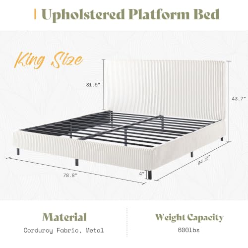 Image of AMERLIFE King Bed Frame, Upholstered Metal Platform Bed with Vertical Channel Tufted Headboard, Soft Fabric & Strong Metal Slats, No Noise /Easy Assembly, White King Upholstered Bed and Headboard
