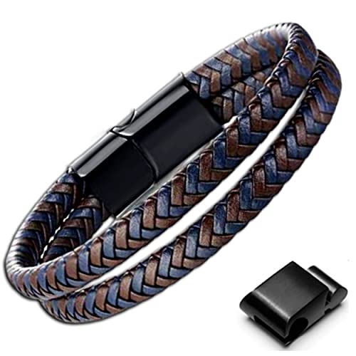 Genac Bracelet Double Pour Homme En Cuir Véritable Tressé De Haute Qualité Marron Et Bleu Avec Fermoir Magnétique Amovible En Acier Inoxydable Pour Régler Facilement La Longueur.