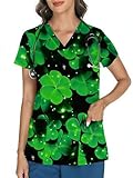 LOMON St Paddy's Day Scrubs for Women V Neck Scrub Tops Soft Knit Nurse Uniform Shirts with 3 Pockets