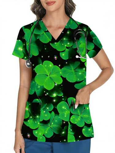 LOMON St Paddy's Day Scrubs for Women V Neck Scrub Tops Soft Knit Nurse Uniform Shirts with 3 Pockets