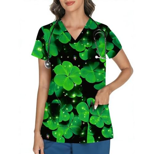 LOMON Women's V Neck Printed Scrub Top with 3 Pockets Black Shamrock Medium