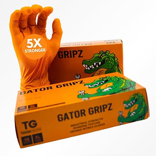 TG TOUGH GLOVE Gator Gripz Nitrile Gloves (Pack Of 50) | Diamond Texture Orange Disposable | Powder & Latex Free | Strong Heavy-Duty (M)