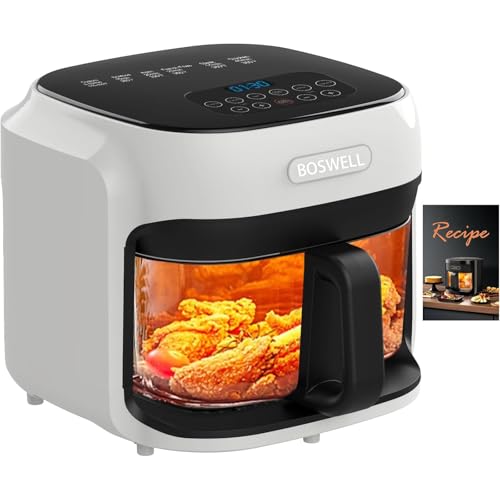 Image of BOSWELL Glass Air Fryer, 7.5QT with Transparent Fry Bowl, Circulating Heating, Temperature Control, Air Fryer Roast, Dishwasher Safe (white)