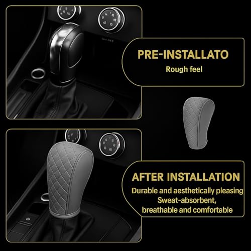 Image of DETACHI Car Gear Knob Cover Premium PU Leather Grey Non Slip Waterproof Gear Shift Protector Universal Fit for Cars SUVs Trucks Durable Diamond Design Handbrake Cover Stylish Car Interior Accessory