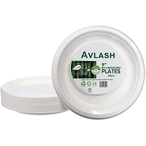 AVLASH ® [50 Pack - 9 inch Disposable Plates - Bio Degradable, Super Rigid, Deeper & Thicker Bagasse Disposable Plates. Eco Friendly, Compostable & Microwave Safe Cover