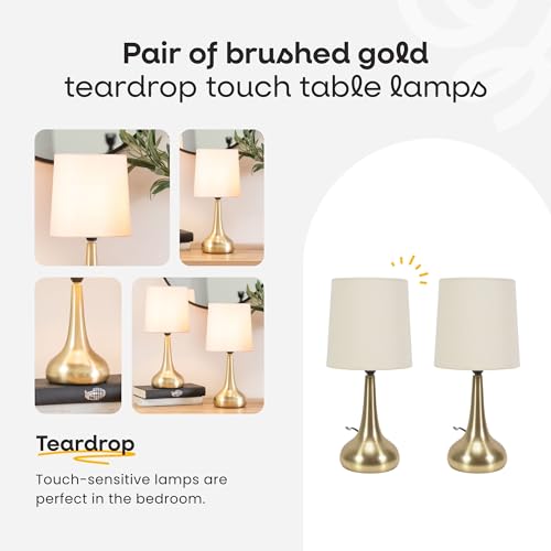 ValueLights | Brushed Gold Teardrop Touch Dimmer Table Lamps with Cream Shade | Home Décor, Bedside & Desk Lamp | Includes Bulb - Image 2