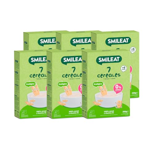 Smileat - Pack 6 Papilla para peques Ecológica de 7 Cereales - Sin Azúcar Añadido - Ingredientes Vegetales - Fácil de Diluir y Preparar
