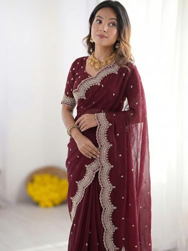 Image of SIRIL Women's Shimmer Georgette Scalloped Border Sequins Embroidery Saree with Unstitched Blouse Piece